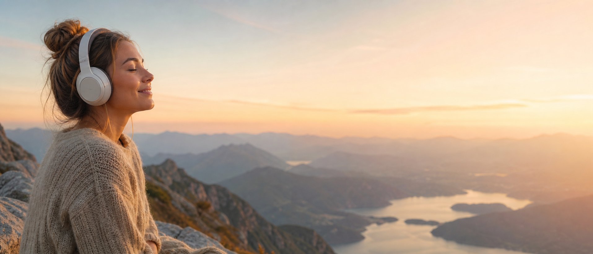 Une femme écoute un résumé audio au casque, face aux montagnes au coucher du soleil